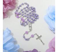 Shein 1 pieza Collar de oración con cruz hecho a mano, con cuentas, con colgante de Virgen María y cruz de Jesús, de tamaño pequeño, color rosa perla morado