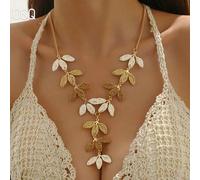 Shein 1 pieza Collar de verano estilo bohemio hecho a mano con hojas 3D de rafia, accesorio de moda para la playa, viajes, vestidos de fiesta, gran regalo p