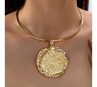 Shein 1 pieza Collar gargantilla colgante de moneda grande de metal martillado de color dorado con medallón decorativo exagerado y abstracto para mujeres