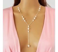 Shein 1 pieza Collar largo en forma de Y con decoración de perlas blancas de imitación, accesorio de joyería corporal para fiestas de mujeres