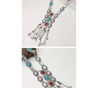 Shein 1 pieza Collar llamativo estilo bohemio retro de turquesa larga, cadena de suéter de baile de tono plateado vintage para mujeres