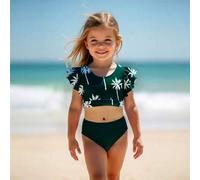 Shein 1 pieza Conjunto de bikini con Bottom verde, volantes y abertura estampado de árbol de coco para niña pequeña, Conjuntos a juego para familia mamá e h