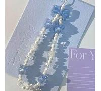 Shein 1 pieza Correa para teléfono con lazo y perlas falsas de estilo minimalista y de moda en azul y blanco, adecuada como regalo para cualquier ocasión