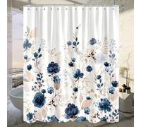 Shein 1 pieza Cortina de ducha con estampado floral azul acuarela, adecuada para el baño, estilo de granja y jardín, conjunto de cortina de ducha impermeabl