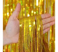 Shein 1 Pieza Cortina de oropel de plástico con brillo metálico dorado de láser, de 1 m x 2 m, flecos brillantes, decoración de cortina para puerta y ventan