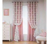 Shein 1 pieza Cortina opaca de doble capa, tela transparente suave con pompones 3D, cortina opaca de color rosa sólido, cortina aislante térmica y protector