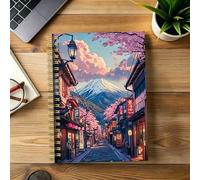 Shein 1 pieza Cuaderno de espiral A5 con diseño de arte callejero japonés - Diario de rayas universitarias, diseño de monte y flor de cerezo, papel de alta