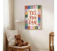 Shein 1 pieza Cuadro en lienzo enmarcado para decoración de pared de guardería de bebé, "Sí puedes" Pintura infantil, con patrón de estrellas y borde de tab