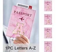 Shein 1 pieza Cubierta protectora de pasaporte bordada con toalla rosa con las primeras letras de la A a la Z impresas, billetera de pasaporte vintage para