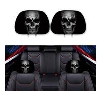 Shein 1 pieza de cubierta de almohada de cuello para reposacabezas de automóvil con patrón de cráneo gris sobre fondo negro, adecuada para SUV, camiones,