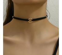 Shein 1 pieza de mujeres de doble capa negro de serraje falso PU Collar gargantilla con estilo gótico colgante de anillo, unisex de pareja verano Gargantill