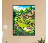 Shein 1 pieza de Pintura de Diamante 5D en estilo Cartón DIY de Cabaña en el campo, Mosaico completo de diamantes redondos con punto de cruz, Arte de la par
