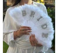 Shein 1 pieza Decoración de carta de novia de perla falsa con pluma blanca, abanico plegable como accesorio de fotografía, abanico de mano para decoración d