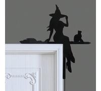 Shein 1 pieza, Decoración de esquina de puerta de Halloween, regalo de Halloween con gato negro montando escoba, decoración de esquina de marco acrílico, es