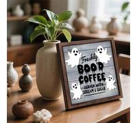Shein 1 Pieza Decoración de Madera de Halloween - Diseño de Patrón de Fantasma BOO'D COFFEE - Marco de Foto Cuadrado de Madera de 7.87x7.87 pulgadas Pintura