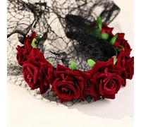 Shein 1 pieza Diadema con velo de encaje de telaraña negra, corona floral de rosa artificial roja, accesorio de cabello gótico para fiesta de cosplay de bru