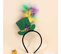 Shein 1 pieza Diadema de Mardi Gras para niñas Mini sombrero de copa verde con brillo, aro para el cabello con emblema de flor de lis, plumas amarillas, mor