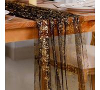 Shein 1 pieza Elegante Corredor de Mesa Negro y Dorado Brillante de 118 pulgadas, Gasa Dorada Rota, Mantel Rectangular Brillante, Mantel Estilo Bohemio Romá