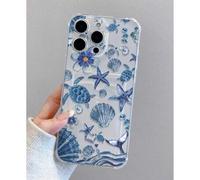 Shein 1 pieza Elegante funda de teléfono transparente de TPU con diseño de tortuga marina, estrella de mar, concha, ola, ballena, medusa en color azul flora