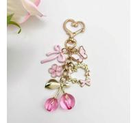 Shein 1 pieza Elegante llavero de viaje con lazo rosa, decoración con gota de aceite con forma de cereza, encanto floral, accesorio DIY con forma de corazón