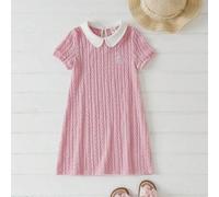 Shein 1 pieza Elegante vestido urbano de niña con cuello Peter Pan de contraste blanco y rosa de manga corta acanalada, adecuado para fiestas, salidas, vuel