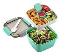 Shein 1 pieza, Envase todo en para ensaladas - Tazón grande para ensaladas, bandeja bento, recipiente a prueba de fugas para salsas, tapa hermética y tenedo