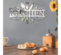Shein 1 pieza Espejo autoadhesivo de acrílico con texto "Cocina" y diseño en forma de cuchillo y tenedor, apto para decoración del hogar y la cocina