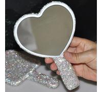 Shein 1 pieza Espejo de mano portátil de cristal con diamantes de imitación, espejo de maquillaje con asa de ABS con diamantes de imitación, espejo brillant