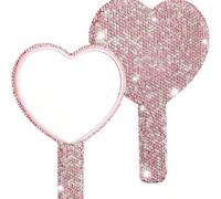 Shein 1 pieza Espejo de maquillaje con forma de corazón con tachuelas de rhinestone, espejo de cristal de lujo con mango de piedras preciosas, adecuado para
