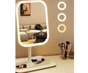 Shein 1 pieza Espejo de maquillaje LED de tres colores, brillo ajustable, recargable y plegable, control táctil de estilo moderno con luz frontal, ideal par