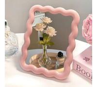 Shein 1 pieza Espejo de maquillaje pequeño y lindo, diseño ondulado en crema, se puede montar en el escritorio o la pared, espejo de maquillaje portátil par
