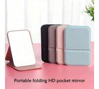 Shein 1 pieza Espejo de vanidad plegable minimalista portátil, hecho de cuero artificial, espejo de tocador ajustable de sobremesa con asa, transparente par