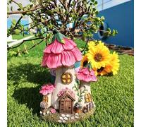 Shein 1 pieza Estatua de jardín de casa de setas de resina encantadora - Tema de cuento de hadas caprichoso con casas de hongos rosados y acentos florales,