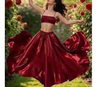 Shein 1 pieza Falda larga de moda para baile de mujer, de satén con 2 aberturas, falda de lentejuelas completa, estilo de danza del vientre, danza flamenca,