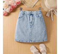 Shein 1 pieza Falda vaquera de línea A casual, sencilla y linda para niña preadolescente, versátil y de moda, corta pero no ultra corta