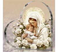 Shein 1 pieza Figura acrílica de Jesús y la Virgen María, decoración de escritorio con forma de corazón y rosa blanca, adecuada para decoración del hogar y