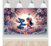 Shein 1 pieza Fondo con diseño tropical del atardecer de Stitch y Lilo de Disney - Patrón de dibujos animados vibrante con palmeras, flores y olas del océan