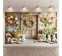 Shein 1 pieza Fondo de banner plano 2D para fiesta de Pascua - Huevos de colores pastel, decoración de corona, exhibición de conejos - Telón de fondo de fot