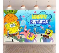 Shein 1 pieza Fondo de cumpleaños de Bob Esponja, decoraciones de fiesta festiva, accesorios de escenografía, pancarta de cumpleaños de dibujos animados de