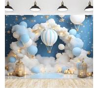 Shein 1 pieza Fondo de globo aerostático y nubes - Cielo soñador, estrellas doradas y globos, telón de fondo de poliéster, adecuado para bodas, bautizos, cu