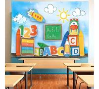 Shein 1 pieza - Fondo fotográfico de vuelta a la escuela - Cielo azul y nubes blancas con alfabeto ABC y lápices de colores, pancarta con tema de aula para