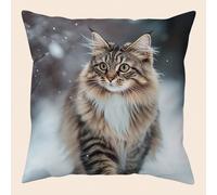Shein 1 pieza Funda de cojín decorativa con estampado tradicional de gato en la nieve, de 17.7*17.7 pulgadas de tela (sin incluir el cojín interior), decora