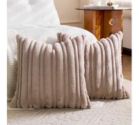 Shein 1 pieza Funda de cojín decorativo con rayas gruesas y delgadas de color camello y pelo de conejo, parte delantera de jacquard de pelo de conejo, parte