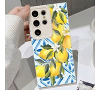 Shein 1 pieza Funda de teléfono suave con diseño de árbol de limón, flores y patrón geométrico de ojo de gato sobre fondo blanco vintage compatible co