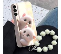 Shein 1 pieza Funda de teléfono a prueba de golpes con diseño de gato tímido de TPU morado y 1 pieza de correa de teléfono a juego con pompón morado, compat