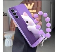 Shein 1 pieza Funda de teléfono a prueba de golpes con patrón de gato tímido de TPU morado y 1 pieza de cordón de muñeca morado con pompón a juego, compatib