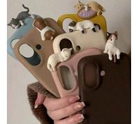 Shein 1 pieza Funda de teléfono con diseño de gato 3D acostado y patrón de lichis compatible con iPhone 16, 15, 13, 14, 12 Pro Max Plus, 17, 17 Pro, 17 Pro