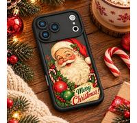 Shein 1 pieza Funda de teléfono con estampado de Papá Noel navideño, texto Feliz Navidad, bastón de caramelo, bola de Navidad y patrón de acebo, carcasa pro