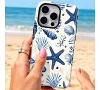 Shein 1 pieza Funda de teléfono de 2 en 1 de estilo oceánico fresco con elementos de playa de porcelana azul y blanca, con estampado de estrella de mar, vie