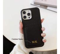 Shein 1 pieza Funda de teléfono de cuero con patrón de lichis personalizada, Billetera de tarjeta de crédito con monograma, Funda con iniciales compatible c